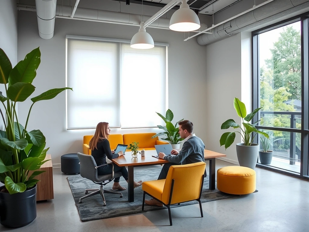 Moderní kancelář s nábytkem a rostlinami, evokující kreativitu a spolupráci, s tlumeným osvětlením.