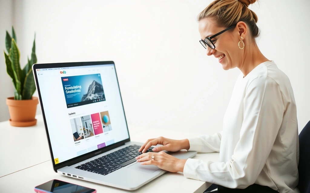 Žena spravující web na notebooku, s úsměvem a pocitem kontroly nad obsahem.