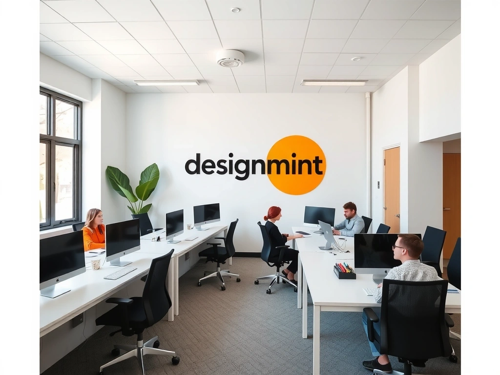 Moderní kancelářský prostor s logem designmint na zdi a lidmi pracujícími u stolů